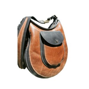 brown black womans leather handbag