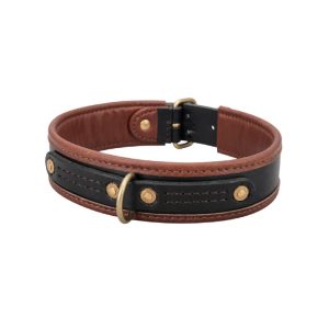 Handcrafted wide two-tone black and brown full-grain leather dog collar with copper rivets, antique brass D-ring and hand-stitching by Dragonfly Leather, Port Elizabeth, South Africa