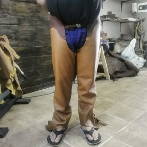 Two-Tone Full-Grain Leather Western Chaps with Full Fringe & Lace Yoke