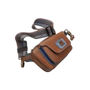 Handcrafted Brown Leather Crossbody Bag with Vibrant Bohemian Woven Strap