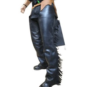 Full black leather riding chaps stamped yolk and fringe