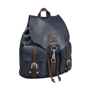 Navy Blue Leather Mini Backpack with Brown Accents
