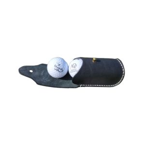 full-grain black leather two-ball golf ball pouch with brass snap button closure